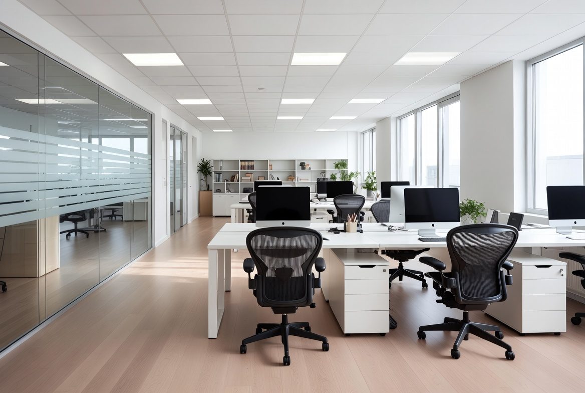 Clean, professionally maintained open-plan office in Toledo, OH with spotless floors and tidy workstations